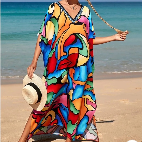Private Label Other - HOST PIC MAXI KAFTAN DRESS BEACH KIMONO ROBE VIBRANT MULTI PRINT OS